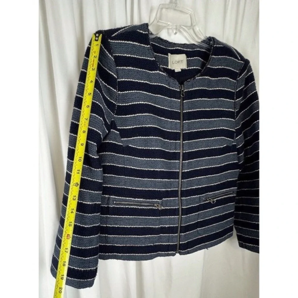 LOFT Navy Blue Striped Full Zip Textured‎ Cotton Blend Jacket 6 Nautical 53-11